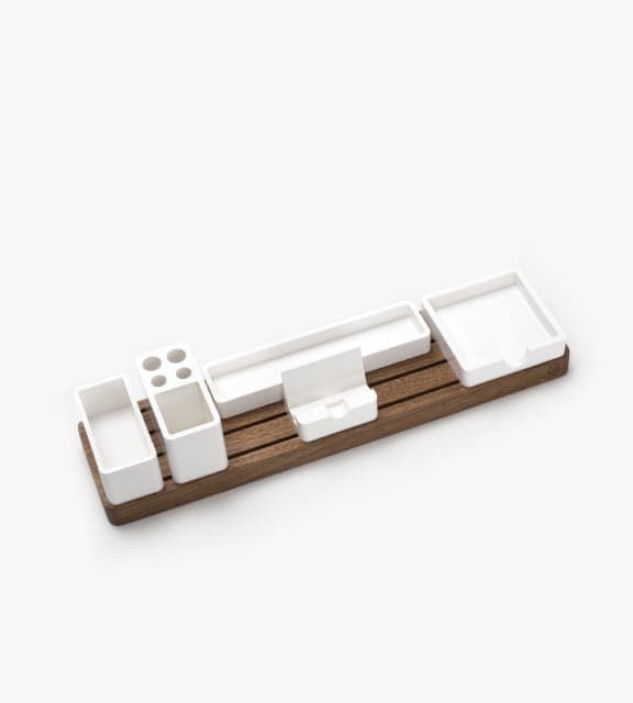 Beautiful walnut organizer set with multiple white compartments